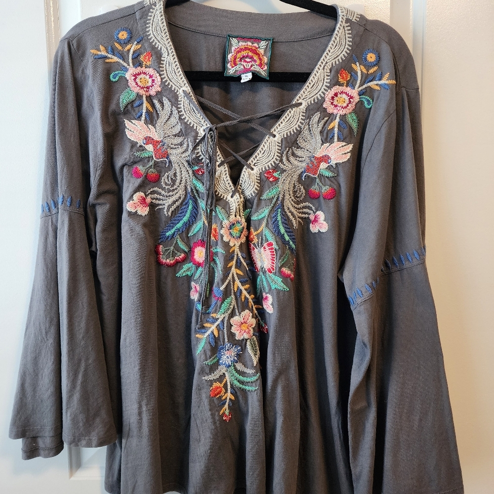 Johnny Was Gray Tunic with Colorful Embroidery